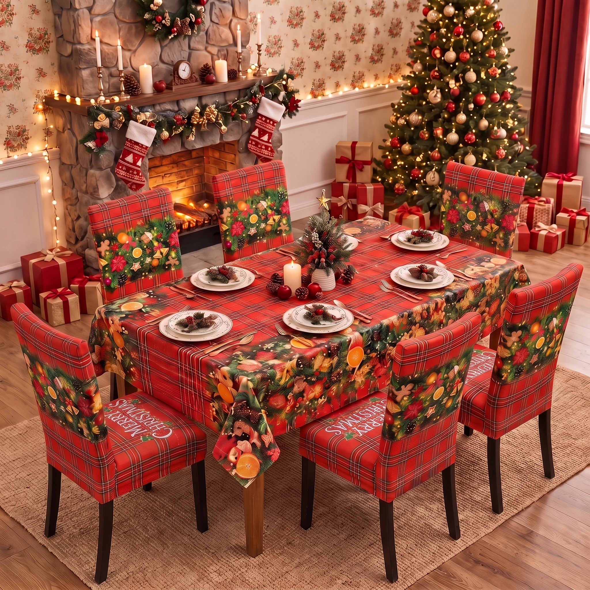 Christmas Tablecloth Red Tartan Garland Rectangle 140x210cm Waterproof Xmas Dining Table Cover for Holiday Party