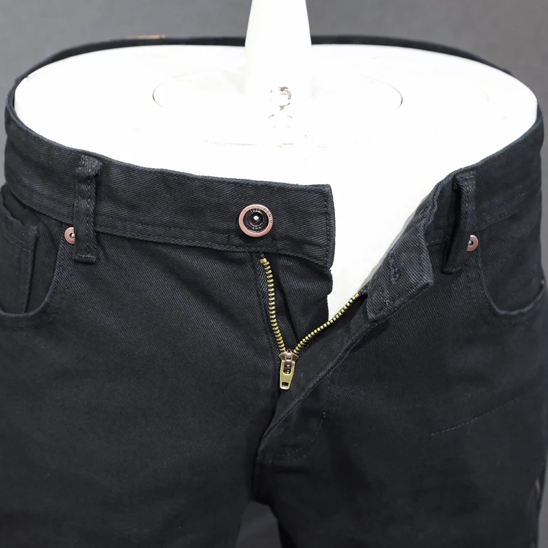 Fashion Designer Men Jeans Black Elastic Stretch Slim Fit Vintage Jeans Men High Quality Side Zipper Pocket Hip Hop Pants Hombre