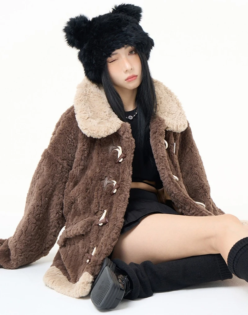 Chic Brown Women Shearling Jacket Toggle Button Coat Contrast Collar Loose Cozy Preppy Streetwear Winter Outerwear Top