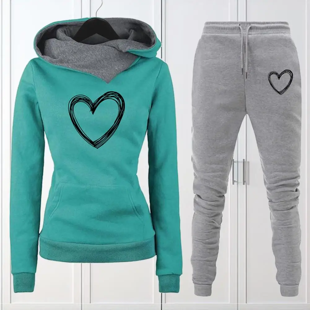 Casual Sweatpants Hoodie Set Women Winter Clothes Stylish Women's Heart Print Tracksuit Set Hoodie Pants with for Fall/winter