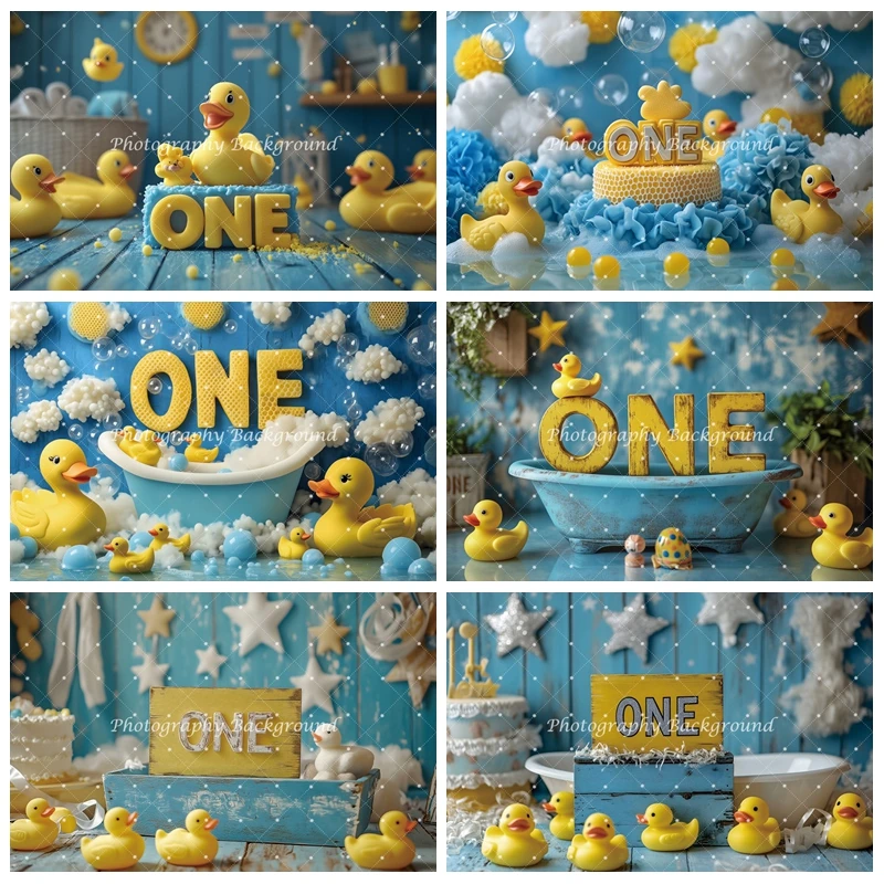 

Little Yellow Duck Kids 1st Birthday Backdrop Cloud Star Bubble Bath Baby Bath Shower Party Photography Background Photo Props