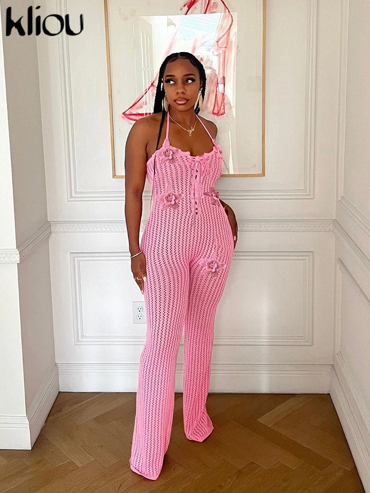 

Kliou вязаные женские комбинезоны с цветочным принтом, сексуальные плиссированные облегающие комбинезоны с лямкой на шее и низкой горловиной, с открытой спиной, женские однотонные трендовые уличные комбинезоны