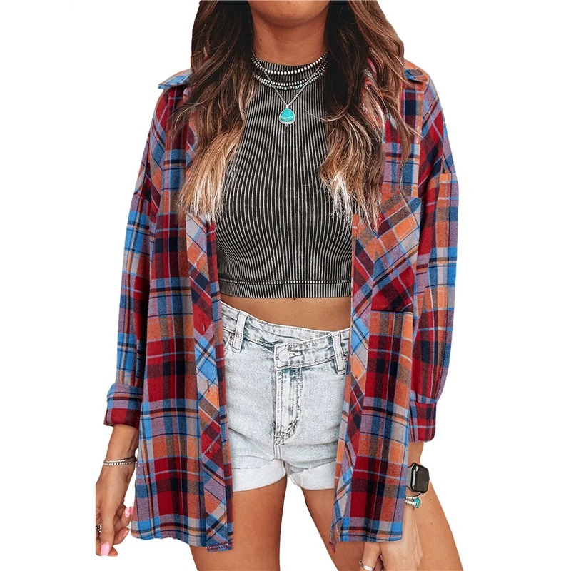 

ABP-Plaid Flannel Shirts For Women Loose Fit Boyfriend Button Down Shirt Long Sleeve Casual Flannel Blouse Tops