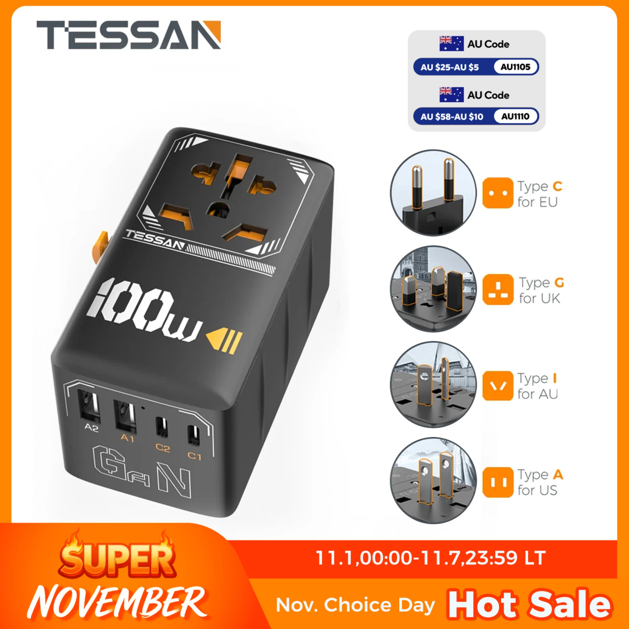 

Универсальный дорожный адаптер GaN TESSAN 35 Вт/65 Вт/100 Вт с USB-портами типа C, адаптер питания для быстрой зарядки, вилка стандарта ЕС/Великобритании/США/Австралии для путешествий