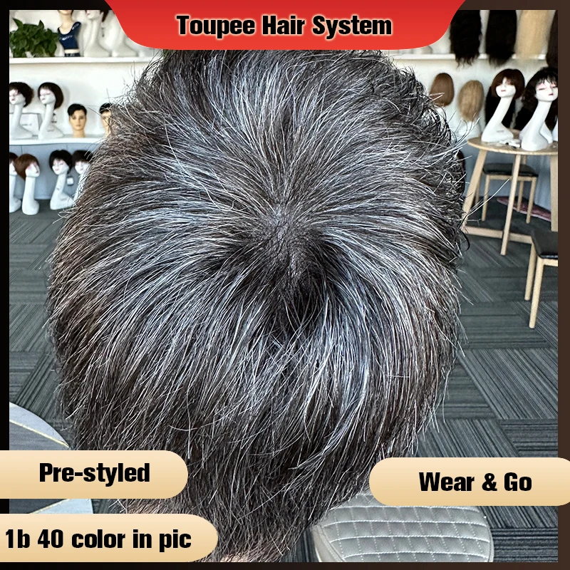 Pre Styled Thin Skin Men Toupee V-Looped Hair Replacement Systems Human Hair Men\'s Wig 1B40 PU Base Wig Hair Piece Protesis Male