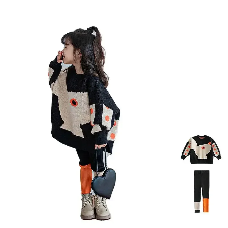 

Autumn Winter New Loose Two Piece Set Irregular Pattern Forking Cotton Sweaters Girls Children Clothing Thickening Warm