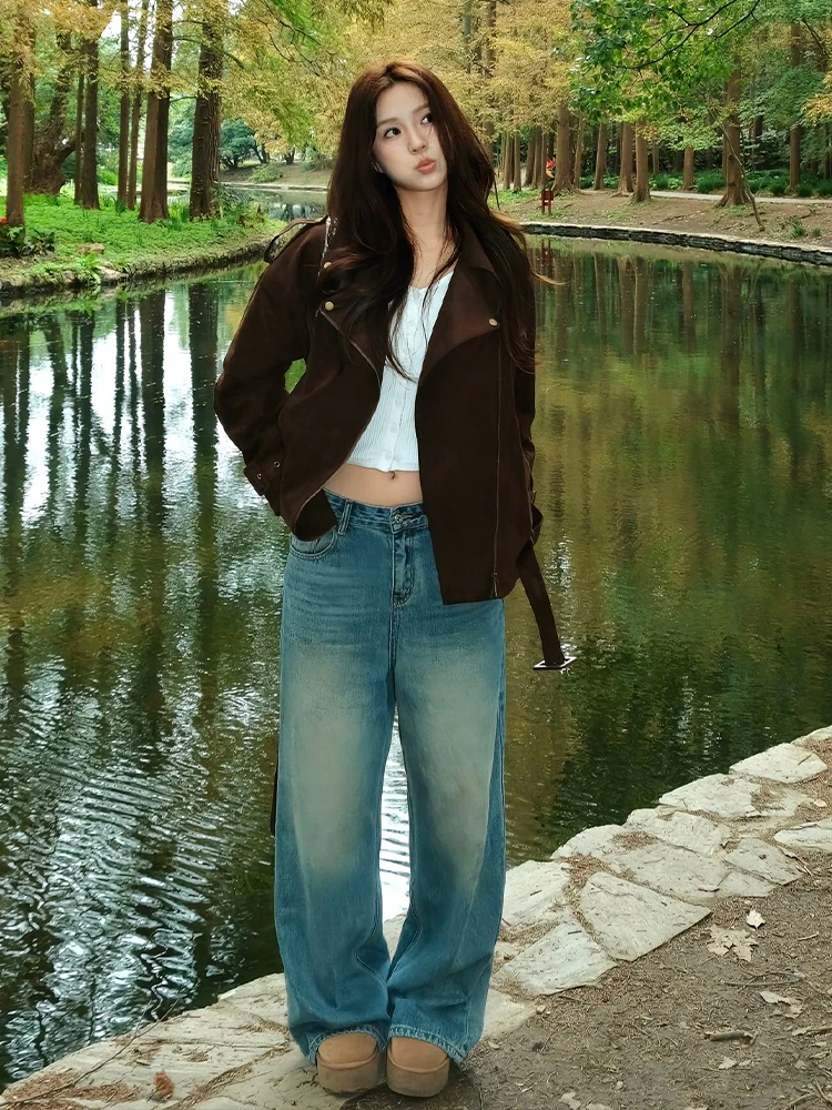 Women's Suede Jaet Loose Fit Turn-down Collar Workwear Coat American Retro Sle Autumn Winter Casual Outerwear