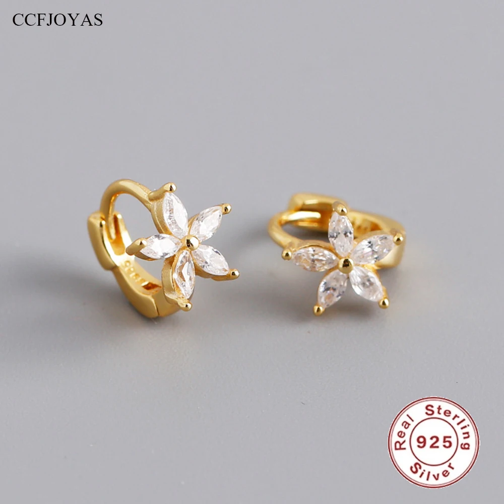 

CCFJOYAS 6.5mm 925 Sterling Silver Flower Small Hoop Earrings for Women White Zircon CZ Circle Round Earrings Wedding Jewelry