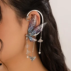 Ingemark 1PC Kpop Sweet Colorful Butterfly Tassel Clip Earrings Women Wed Bridal Elegant Elf Fairy Ear Cuff No Piercing Jewelry