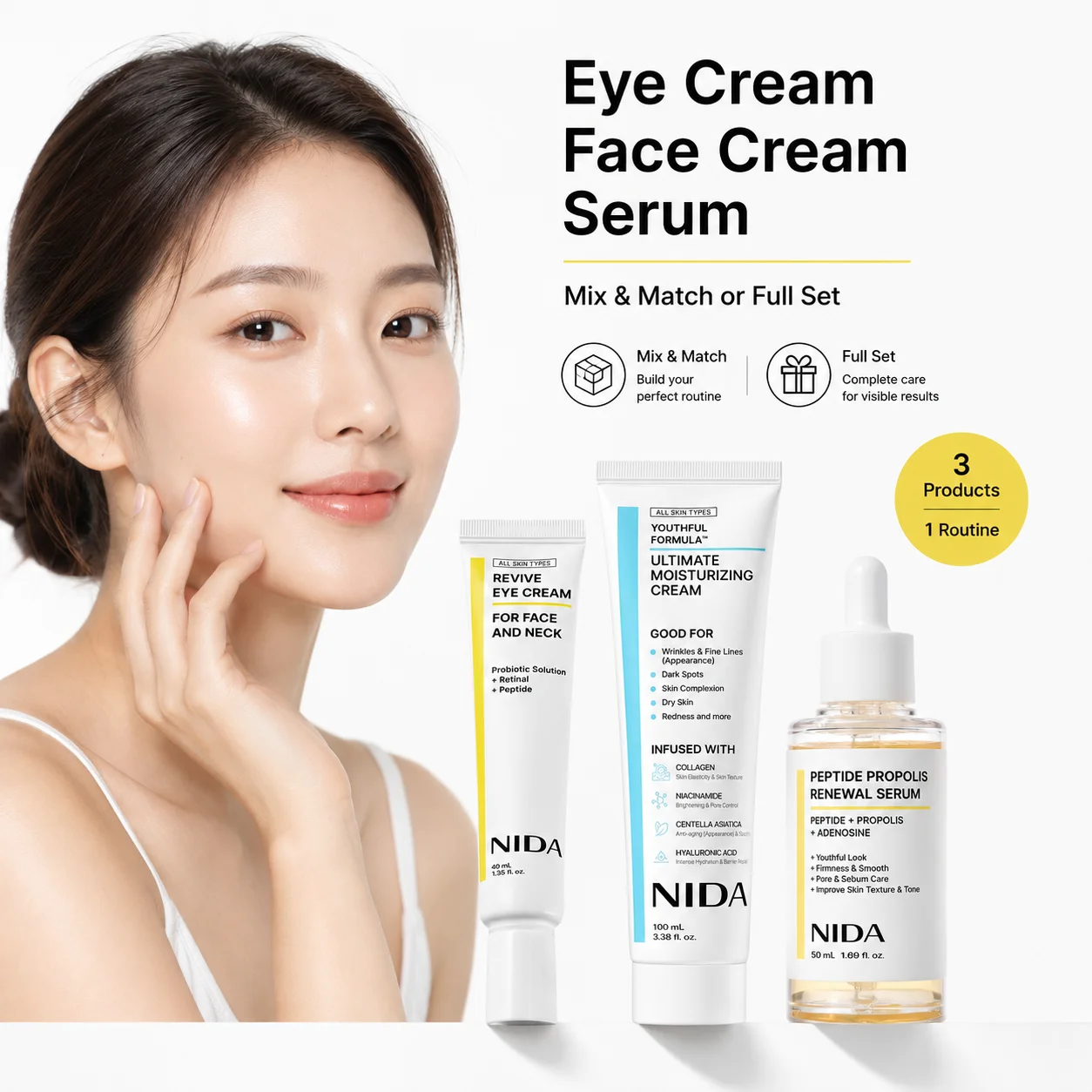 Ensemble de soins du visage NIDA, crème hydratante, crème pour les yeux au rétinol, sérum au peptide et à la propolis, routine de soin de la peau hydratante et raffermissante quotidienne