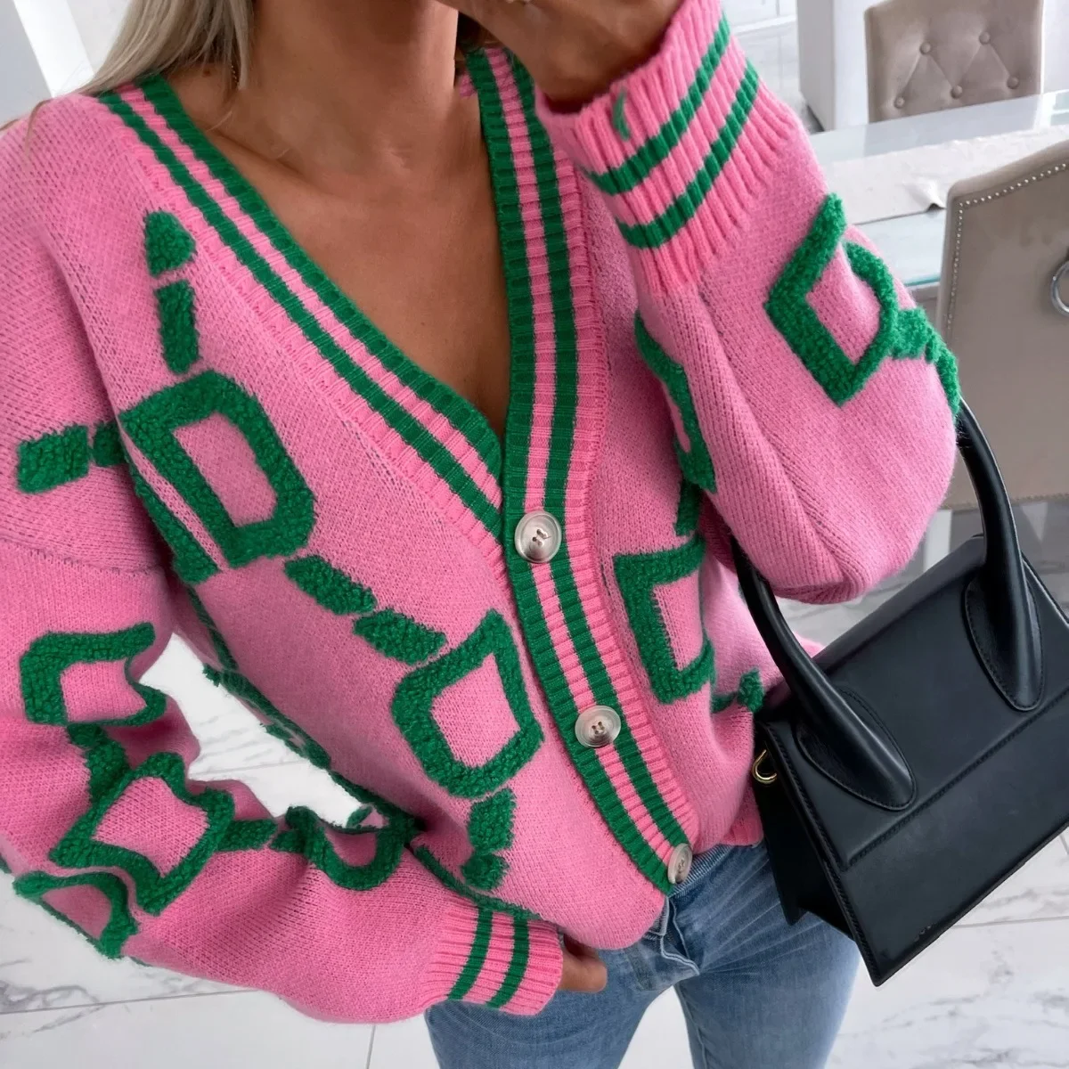 Maglione con scollo a v allentato a maniche lunghe da donna Carfdigan autunno inverno con stampa di lettere cardigan lavorati a maglia cappotti Casual femminili