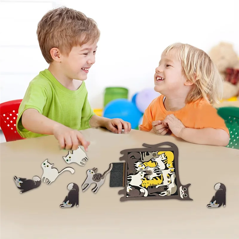

A7THK-Pocket Travel Games For Car Road Airplane Activities Birthday Games Creative Wooden Cat Puzzle Game
