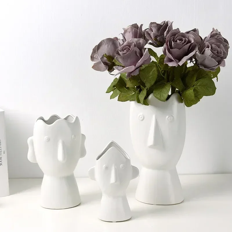 

Abstract Human Face Vase White Ceramic Jardiniere Ornamental Flower Receptacle Neo Modern Artstic Decorative Plant Holder