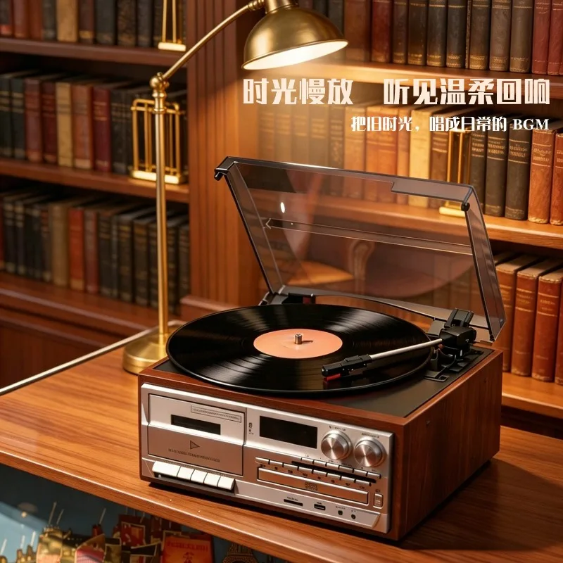 Retro 10‑In‑1 Multifunctional Turntable Vinyl Record Cd Cassette Radio Player Built‑in Speaker For Home Vintage Audio