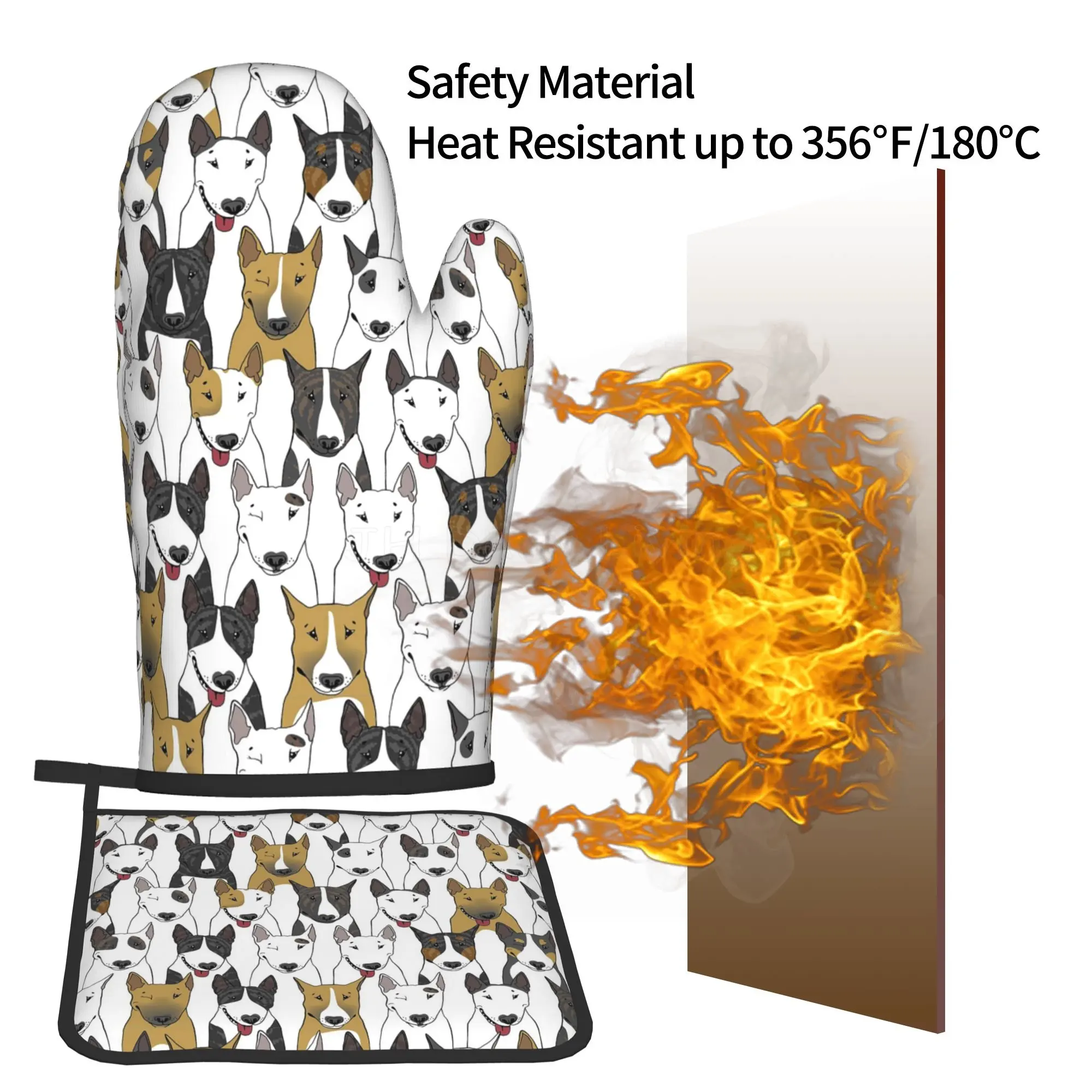 English Bull Terrier Dog Kitchen Oven Mitts and Pot Holders Sets Heat Resistant Microwave Gloves for Cooking Baking Grilling