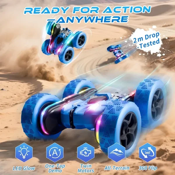 

4WD 360° Double-Sided RC Stunt Car with LED Lights & USB-C Rechargeable Battery – Blue, Kids Toy 6-12