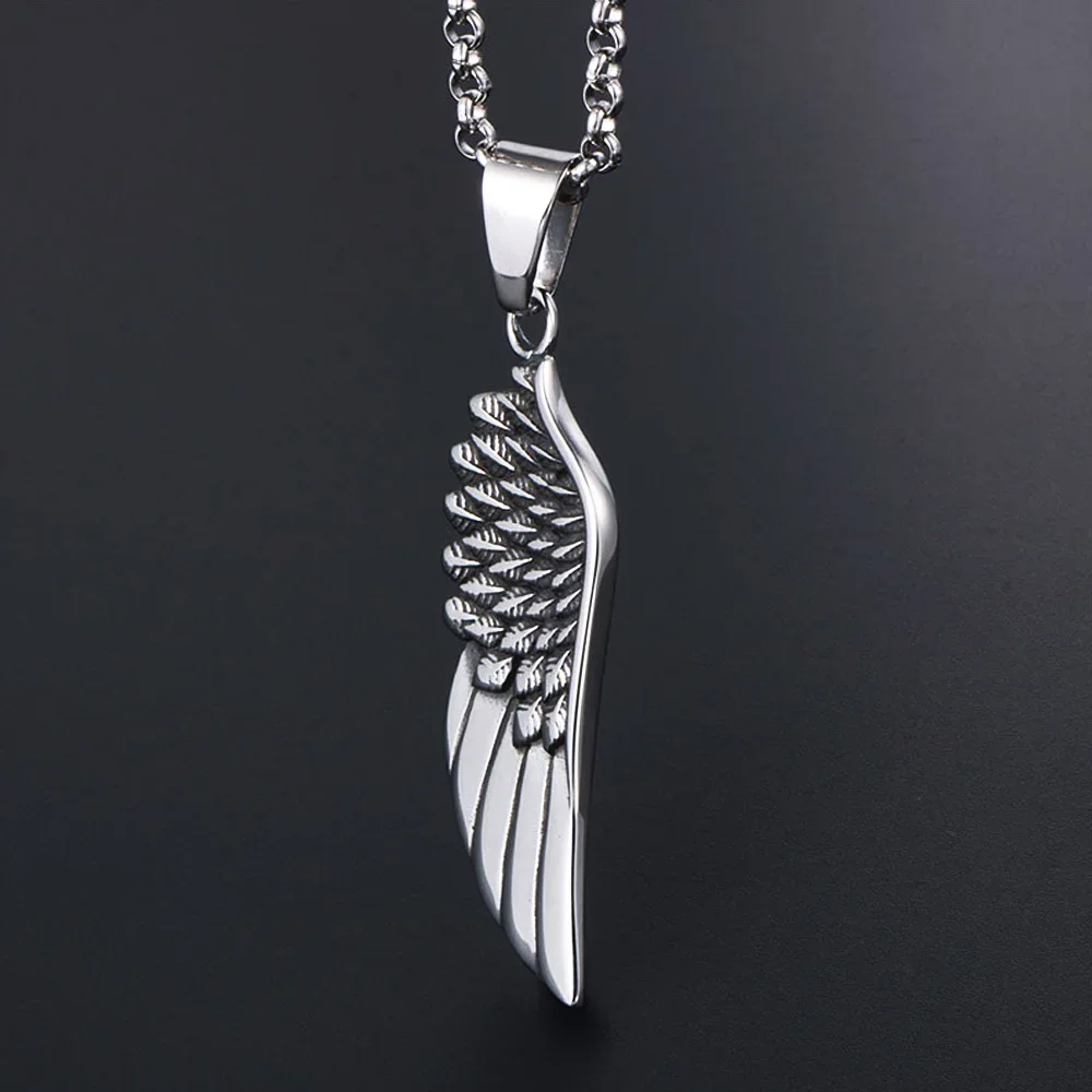 Retro Fashion Feather Angel Wing Necklace Pendant For Men Punk Stainless Steel Feather Pendant Men Women Jewelry Accessories
