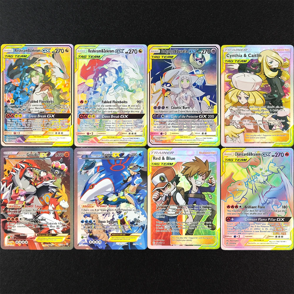 

Self Made PTCG English Kyogre Groudon Reshiram Zekrom Solgaleo Lunala Cynthia Caitlin Charizard Hobby Collection Flash Card Toy