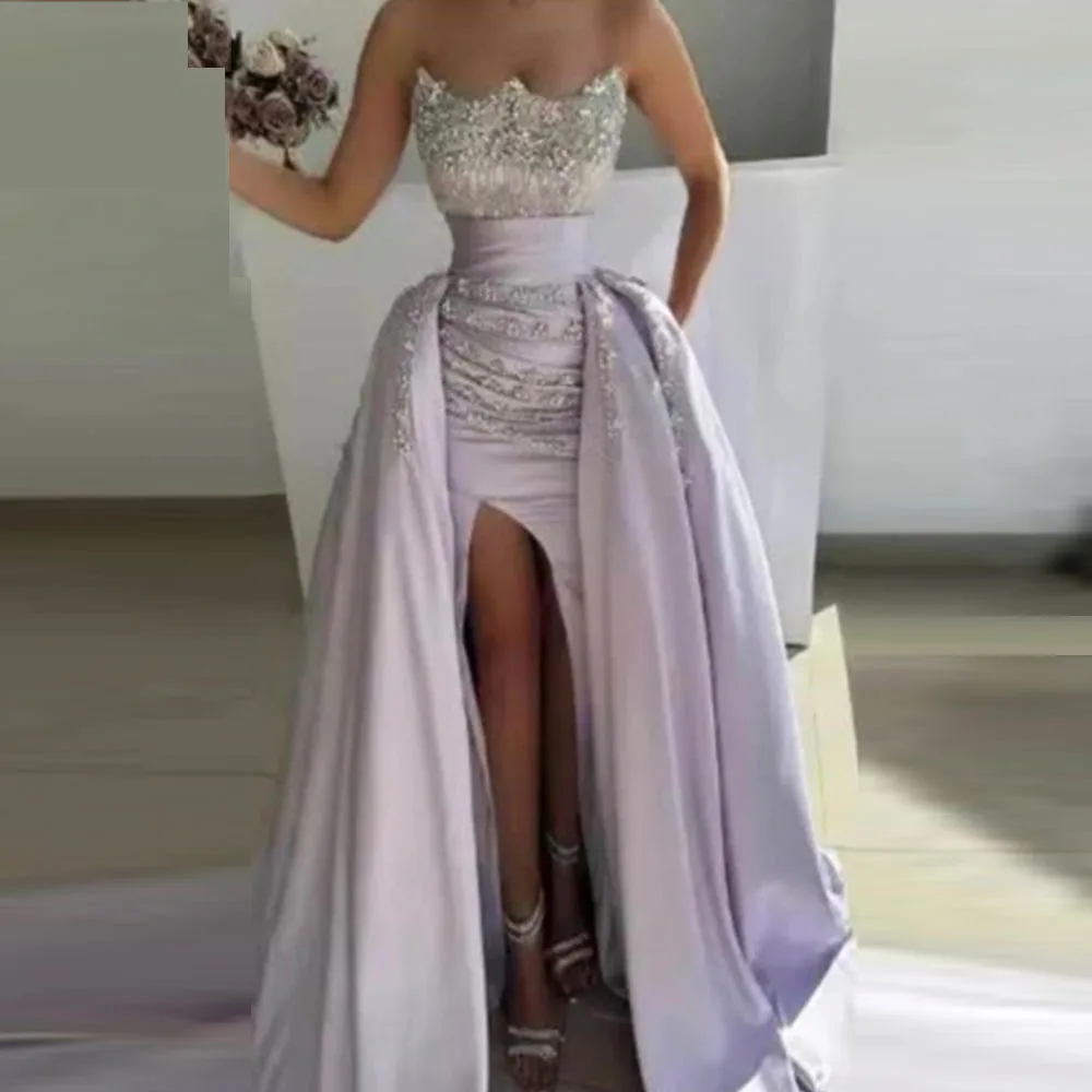 

Мини-короткое атласное коктейльное платье для женщин, коктейльное платье-футляр длиной до пола, без бретелек, с бисером, вечернее платье со шлейфом