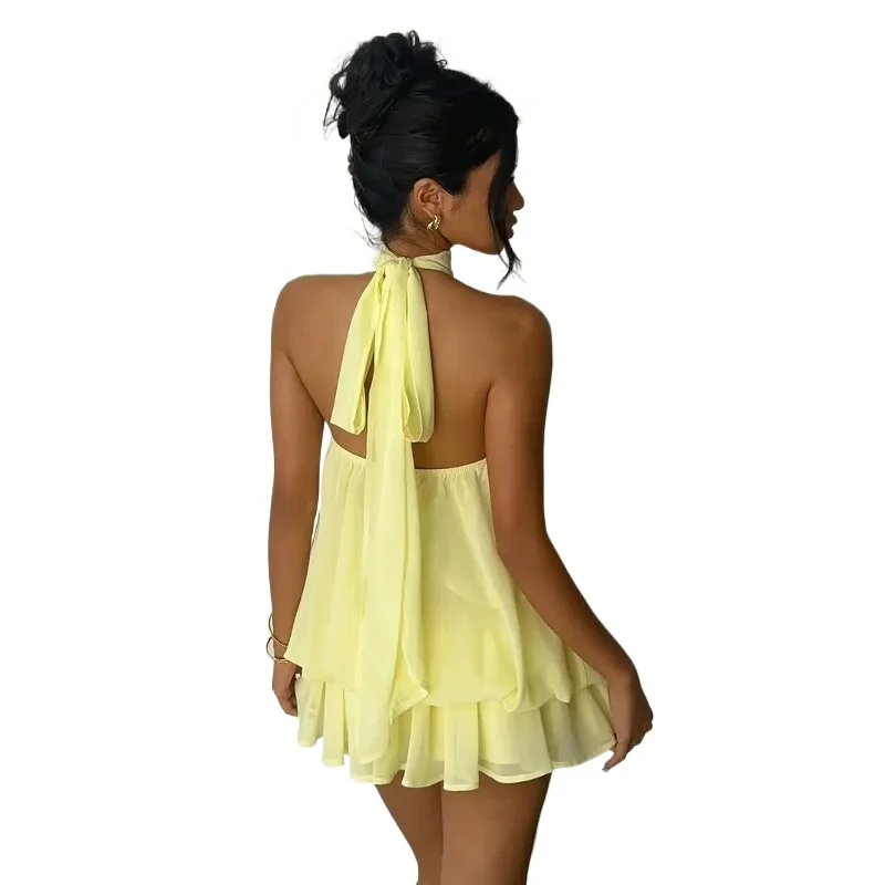 European American Cross-border Women's Clothing Holiday Slim-fitting Sexy Backless Neck Strap Waist Top Fluffy Short Skirt Dress