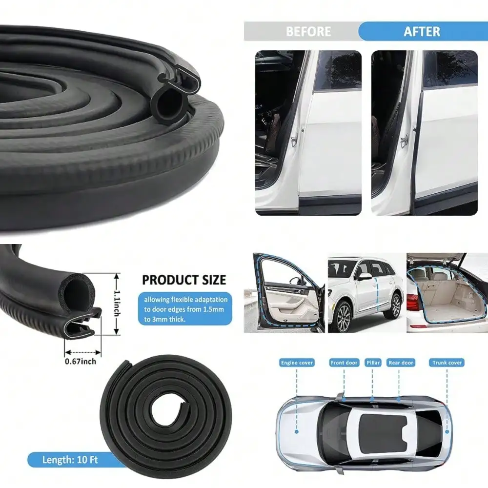 10Feet Car Door Seal Strip, U-Shaped Automotive Weather Stripping Rubber Seal Strip With Metal Clips, Universal Push-In Car Door Edge Guards Fits Car Truck Boat RV Home