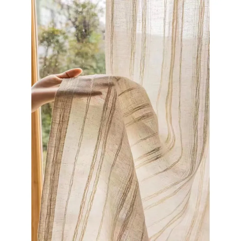 Japanese Style Striped Linen Gauze Log Style Hemp Gauze Curtain Living Room Bedroom Balcony Curtain
