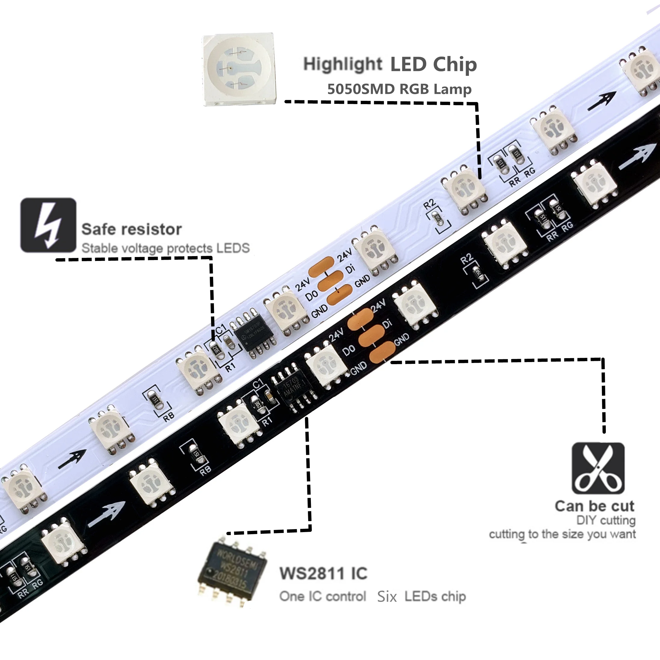 24V WS2811 Taśma Led RGB 5050 pikseli Adresowalna 60 84 diody LED/M Zewnętrzna 1 sterowanie IC 6 diod LED Lampa taśmowa IP30/IP65/IP67 5M