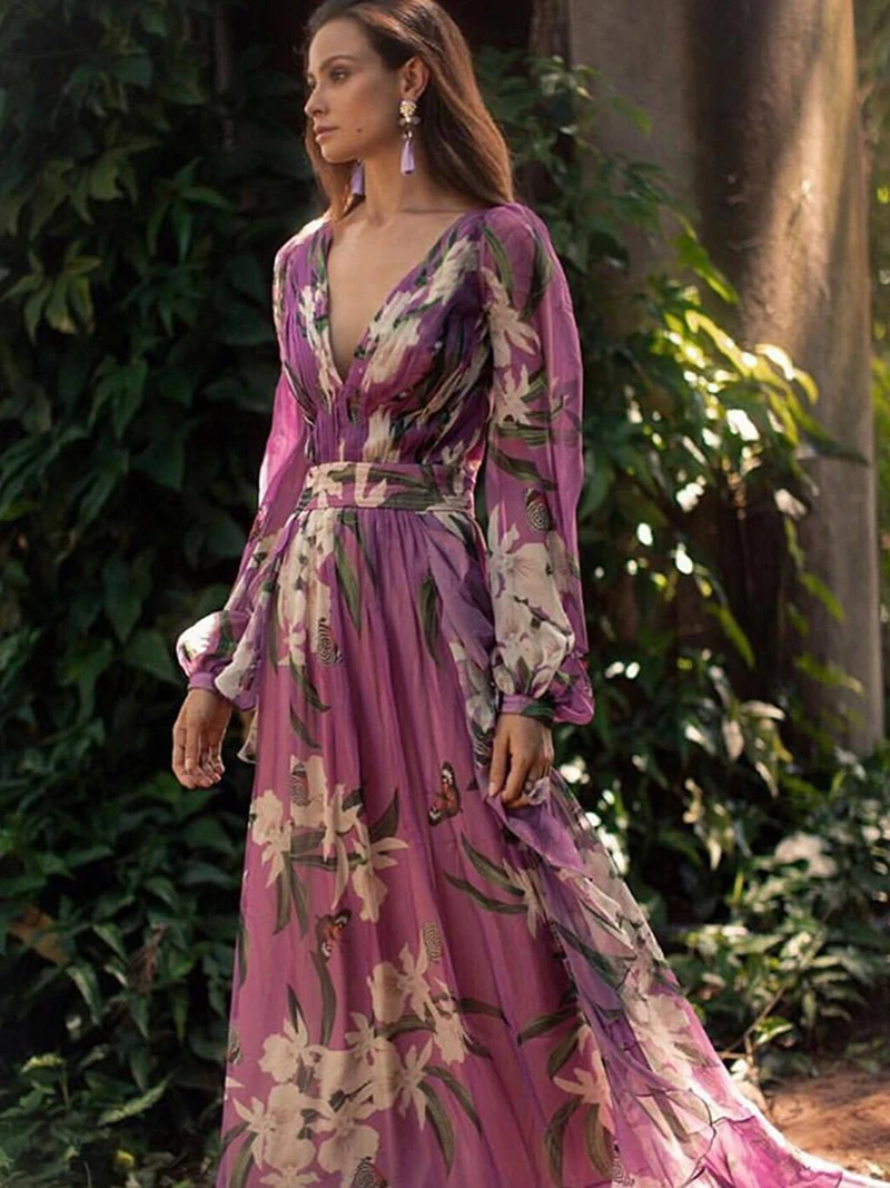 Vestido largo de gasa con estampado Floral para mujer, prenda elegante de manga larga, talla grande, informal, Sexy, con cuello en V profundo, para fiesta