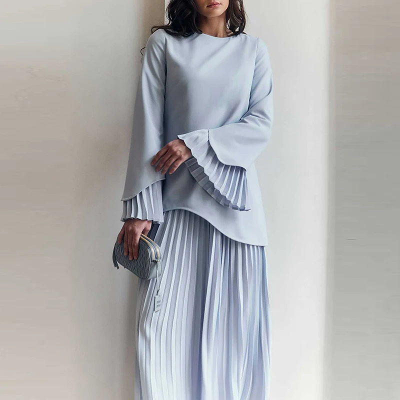 Office Fashion Patchwork Solid 2Pc Suit Women Casual Commuter Loose Outfits Elegant O-neck Long Sleeve Top & Pleated Skirt Sets