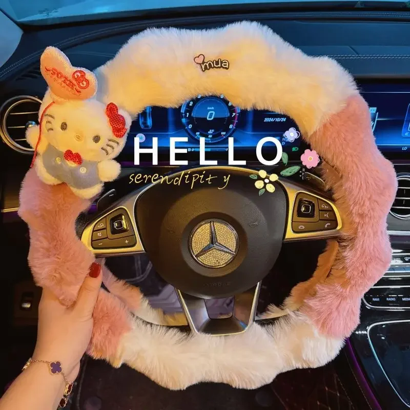 

2025 new Hello Kitty steering wheel cover winter cover plush cartoon thickened warm car anti-skid protective grips women's Girl