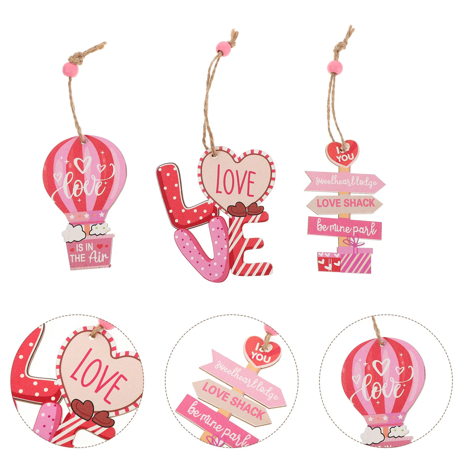 

3 Heart Wood Hangings Ornament Set for Valentine Day Tree Wall Bedpost Romantic Decor Party Celebration Wood Hangings Ornament