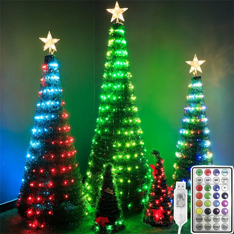 Lampu setrip Natal LED RGB, untaian lampu Natal luar ruangan 5M/10M/20M USB Remote 16 warna untuk dekorasi pesta pernikahan Taman