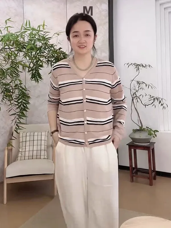 

British Style Han Han Knitted Open Cardigan Women's Summer Anti-Aging Thin Color Block Stripe V-Neck Jacket WFSY60209