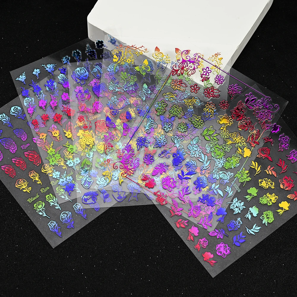 6 pz/set adesivi per unghie fiore farfalla arcobaleno abbronzante 8*10CM Holo oro/argento 3D fiori farfalla decalcomania per unghie per cursore fai