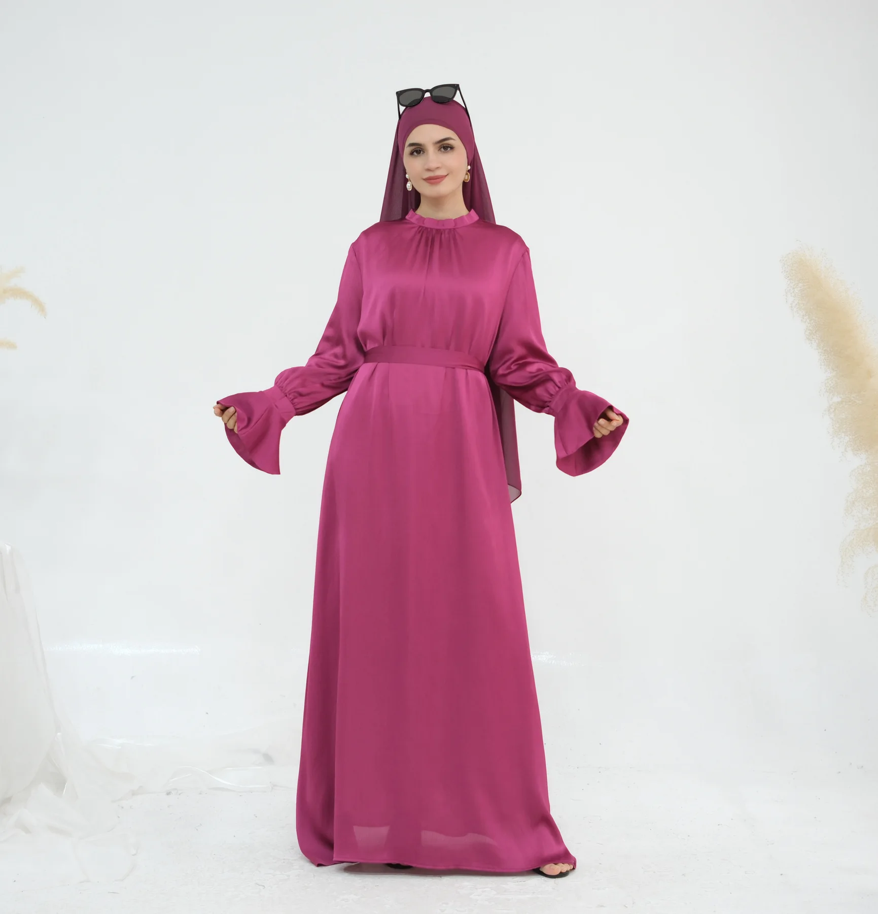 

Spring Summer Fashion Solid Color Satin Dress Muslim Women Round Neck Long Sleeved Robe Elegant Loose Dress Women