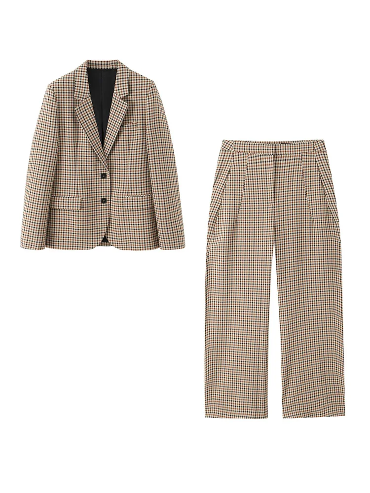 

HH Осенний женский модный однобортный пиджак с отложным воротником и длинными рукавами + карманы на молнии, широкие брюки, клетчатый комплект из 2 предметов