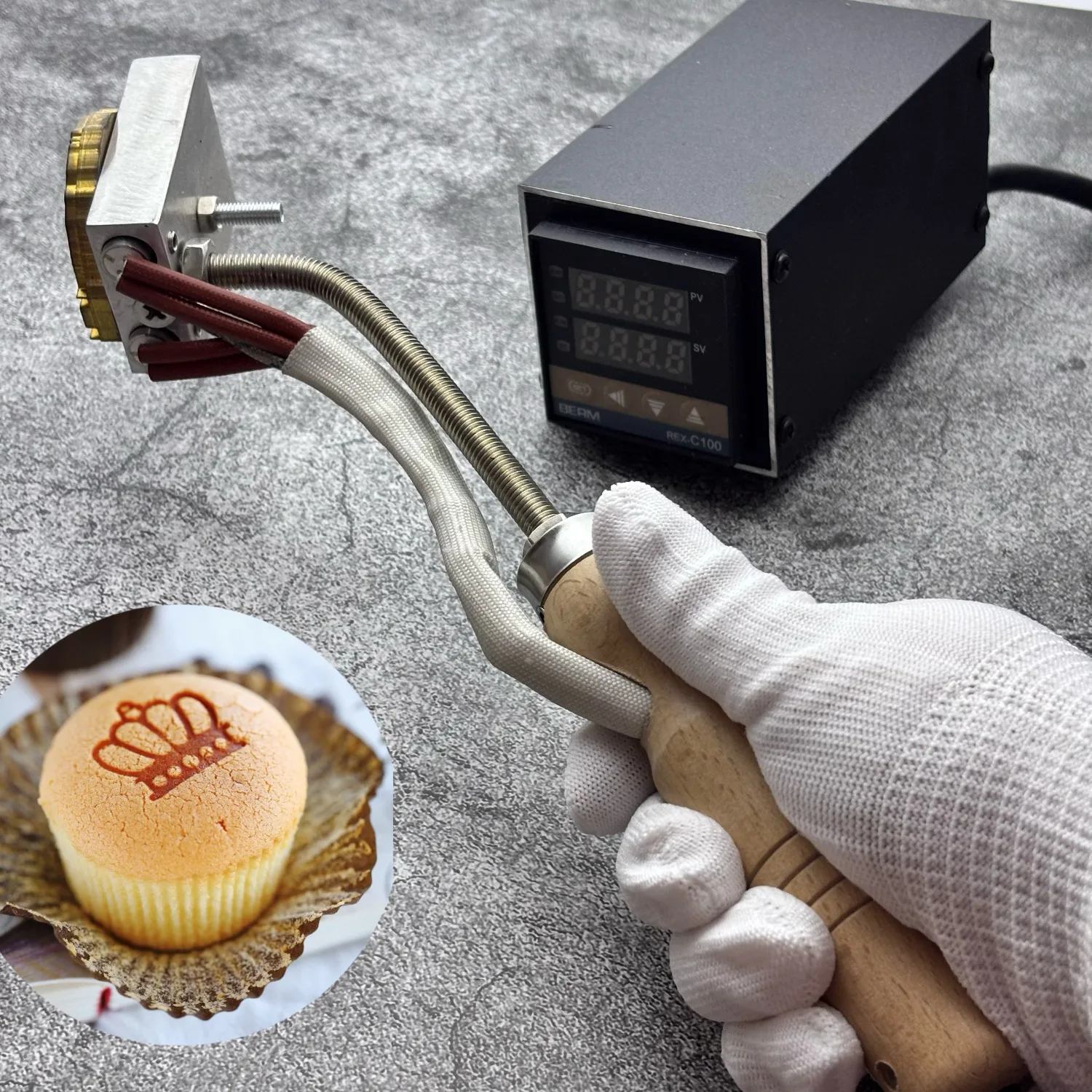 

Hand Held Personalized Logo Cake Hot Stamping Machine Burger Branding Iron Custom Brass Heat Stamp Electric Adjust Temperature