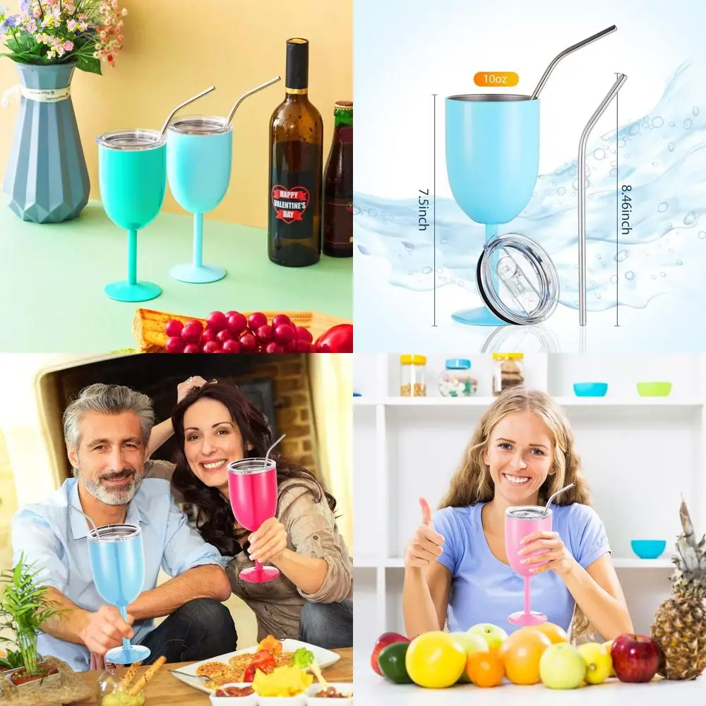 

6-Pack Stainless Steel Wine Glasses with Lids and Straws, 10 oz Durable Insulated Tumblers, Perfect for Gifts, Available in 6 Co