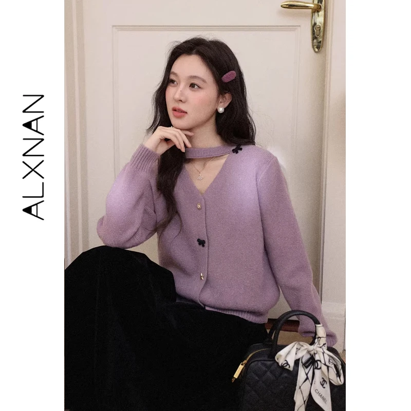 ALXNAN Women's Purple Knit Cardigan V-neck Hollow Out Unique Buttons Sweaters for Autumn Winter Fashion Tops Ladies L60212