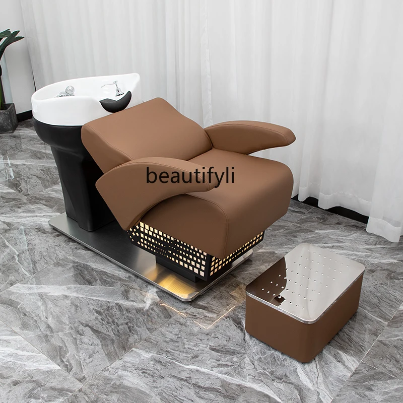 Shampoo Chair Barber Shop Half Lying Flushing Bed for Hair Salon Hairdressing Shampoo Ceramic Basin