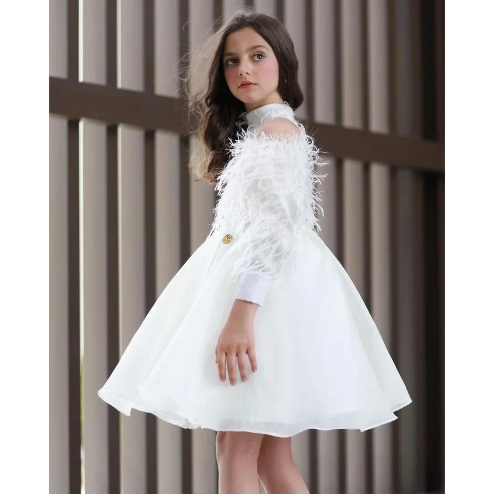 Vestidos blancos de borla de cuello alto con cola desmontable para niña, vestidos elegantes hasta la rodilla, línea A, desfile, fiesta de boda, vestidos para niños