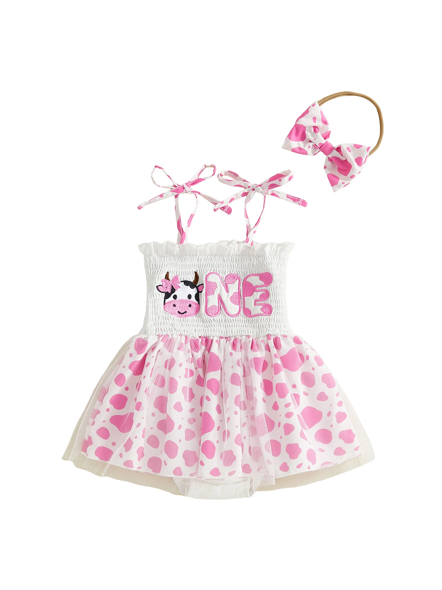 

Infant Girls Birthday Romper Dress with Sleeveless Cow Letter Embroidery and Matching Bow Headband Set for Party