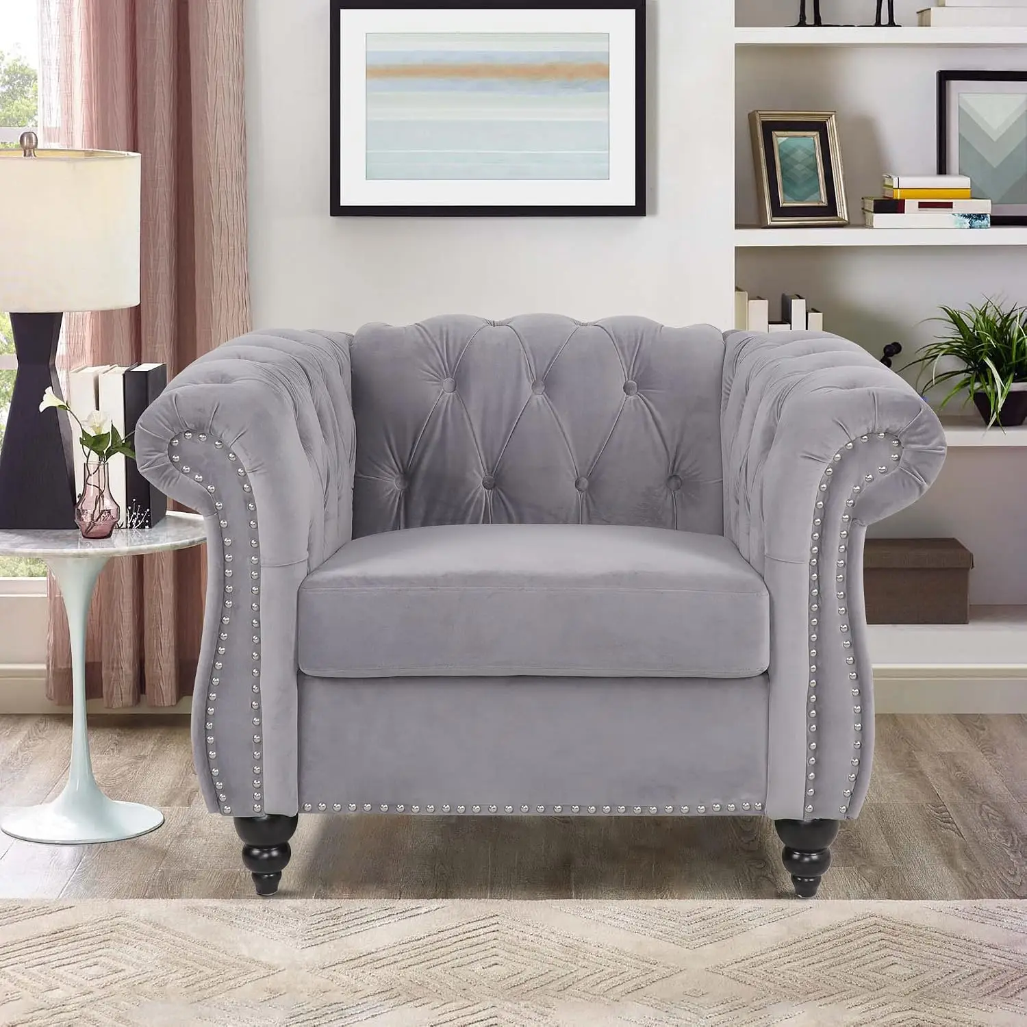 Accent Chair, Velvet Chesterfield Sofa Modern Tufted Couch 1 Seater Sofa with Scroll Arms and Nailhead for Living, Customized
