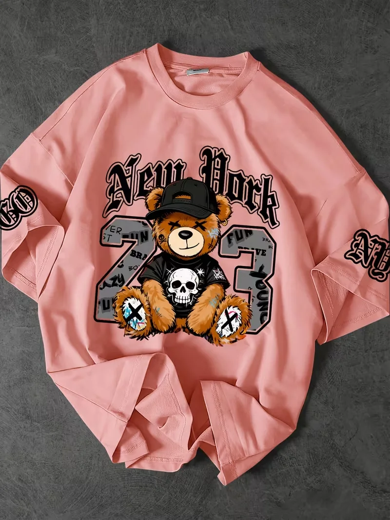 Mens T-shirt cartoon patched teddy bear skull new york letter number sleeve emblem print short sleeve crew neck urban shirt