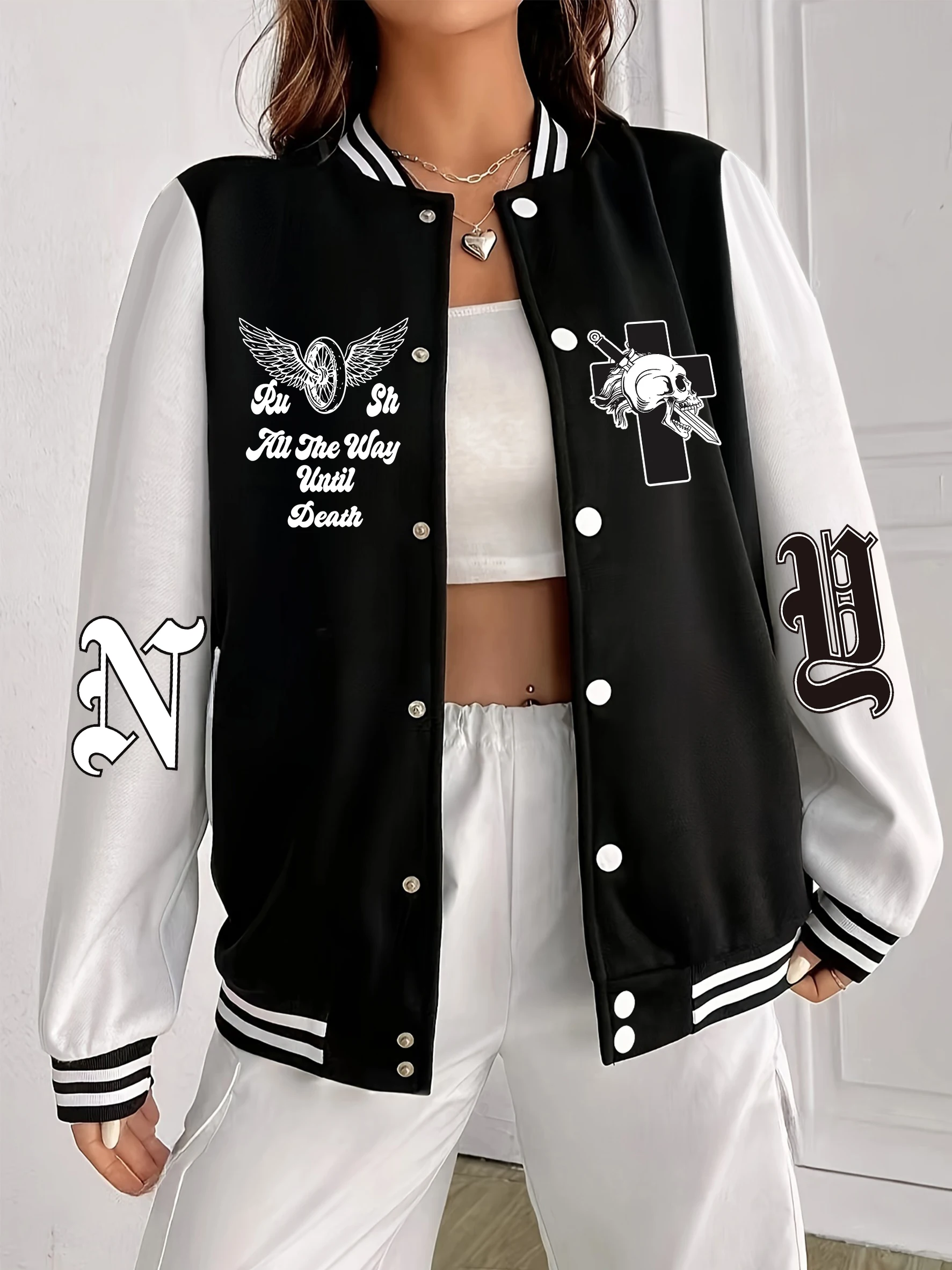 

Уличная одежда с крыльями и принтами черепов, женская бейсбольная форма в стиле хип-хоп, повседневная флисовая куртка, осенняя одежда