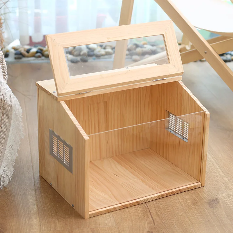 Wooden and Acrylic Hamster Cage Transparent Visible Pet Feeding Cage DIY Assembled Aquascape Crate Creeping Pet Feeding Box