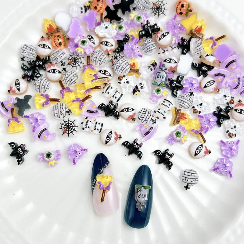 20Pcs Mini Cartoon Resin Nails Art Charms Cute Halloween 3D Bat Tombstone Magic Hat Broom Pumpkin Head Fire Part Nail Decoration