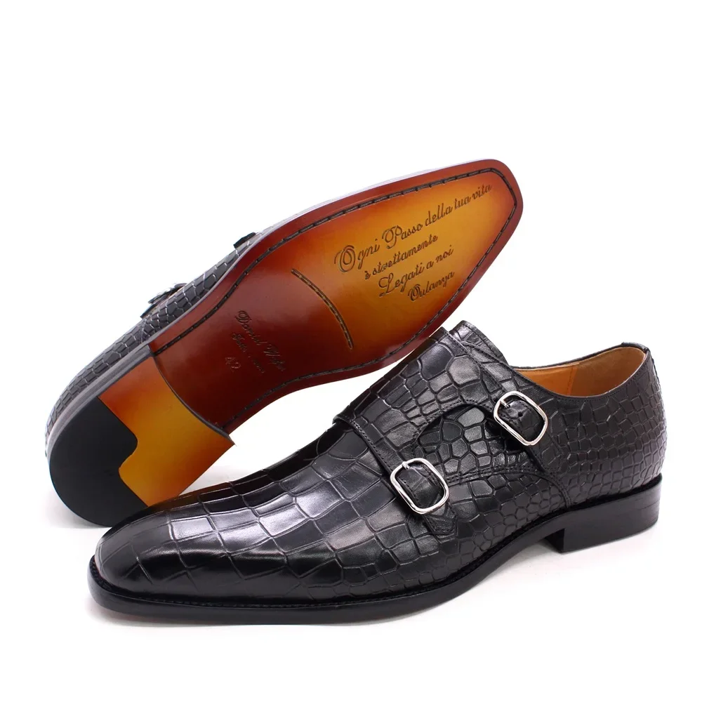 Men's Luxury Italian Real Leather Pointed Toe Double Buckle Formal Business Black Shoes Alligator Print for Business Casual Wear