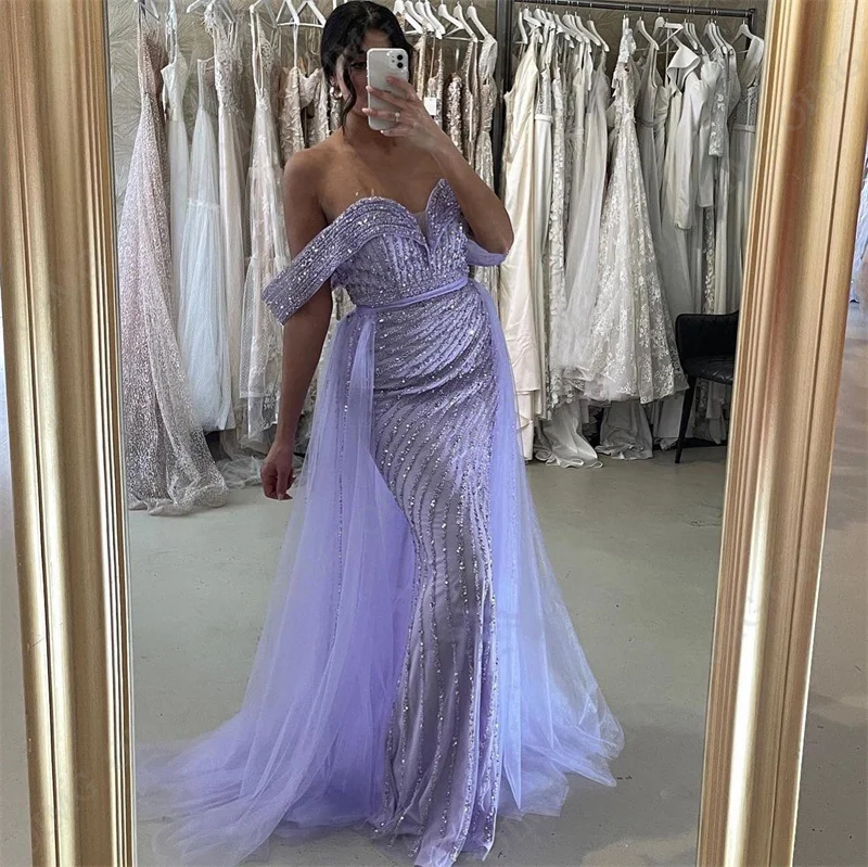 OIMG Lavender Shiny Sequins Prom Dresses Saudi Arabia Women Luxury Side Slit Off Shoulder Mermaid Evening Party Special Gowns