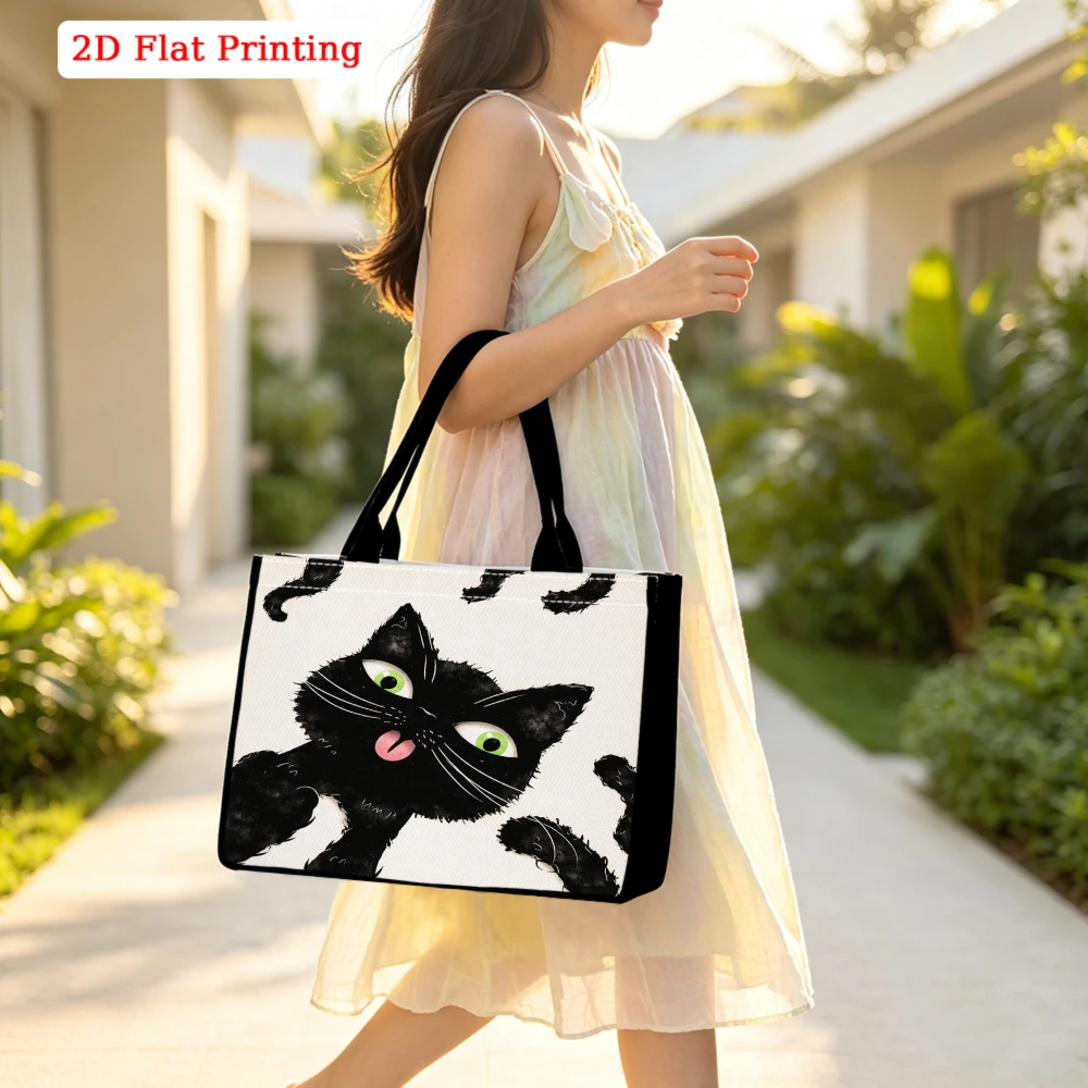 Funny Sassy Black Cat Licking Screen Print Large Tote Bag, Cute Cartoon Aesthetic Handbag for Cat Lovers Commute Shopping Travel